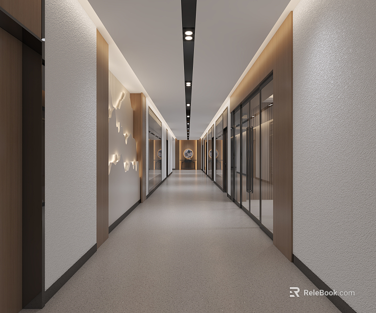 Modern Office Corridor Interior Design With Recessed Lighting Glass Doors And Wooden Accents 3d model 