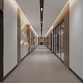 Modern Office Corridor Interior Design With Recessed Lighting Glass Doors And Wooden Accents