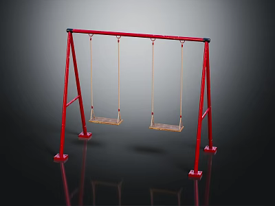 Outdoor Playground Swing Set with Red Metal Frame and Two Wooden Seats 3d model