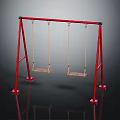 Outdoor Playground Swing Set with Red Metal Frame and Two Wooden Seats