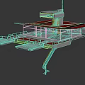 Modern Floating Building With Red White Roof Glass Walls And Metal Supports Open Platform Design