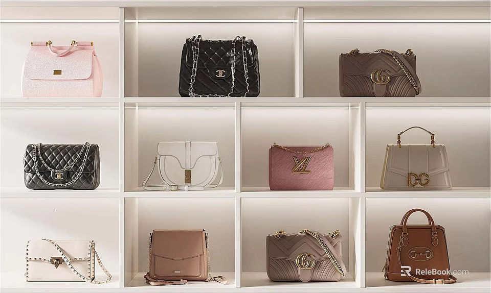 Fashionable Designer Bags In Various Styles And Colors On White Display Shelves 3d model 