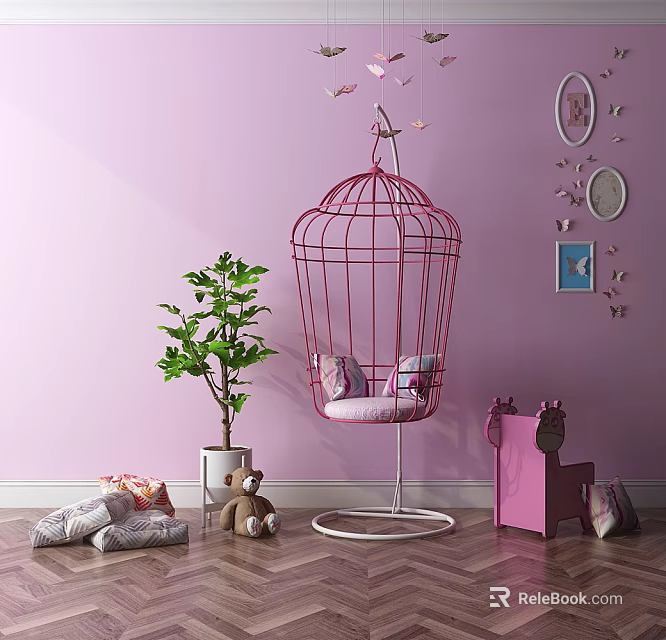 Birdcage Shaped Hanging Chair In Pink Room With Green Plant Wooden Floor And Butterfly Decorations 3d model 