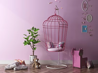 Birdcage Shaped Hanging Chair In Pink Room With Green Plant Wooden Floor And Butterfly Decorations 3d model