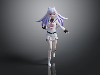 Anime Style 3D Character With Purple Long Hair Red Eyes And White Outfit Running Pose 3d model