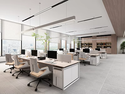 Modern Public Office Space Interior With Desks Computers Ergonomic Chairs Large Windows And Green Plants 3d model