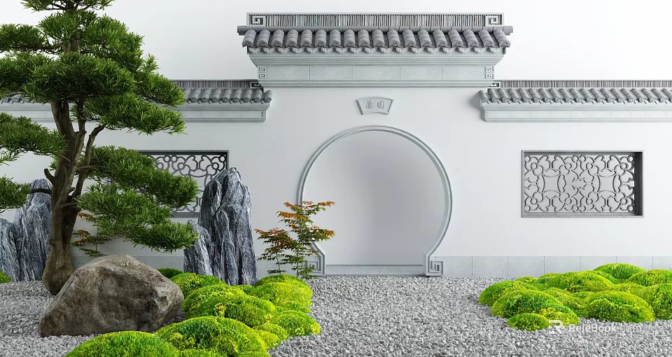 Traditional Chinese Garden Moon Gate With Tiled Roof Lattice Windows And Pine Tree 3d model 