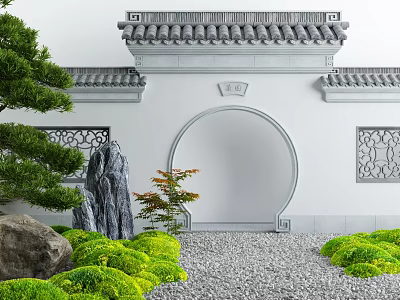 Traditional Chinese Garden Moon Gate With Tiled Roof Lattice Windows And Pine Tree 3d model