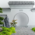Traditional Chinese Garden Moon Gate With Tiled Roof Lattice Windows And Pine Tree