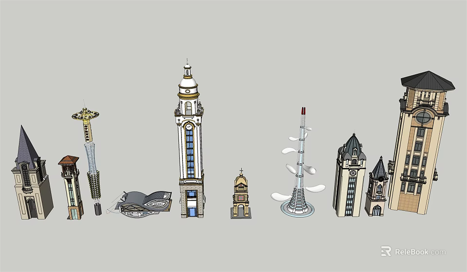 Various Styles Of Towers Including Classical Clock Tower And Modern Spire Designs 3d model 