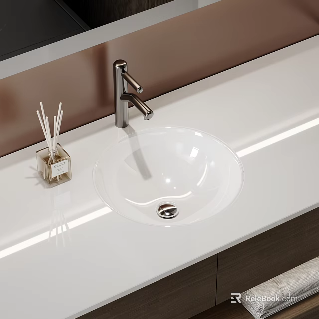 White Ceramic Washbasin With Chrome Faucet On Glossy Countertop And Aromatic Sticks 3d model 