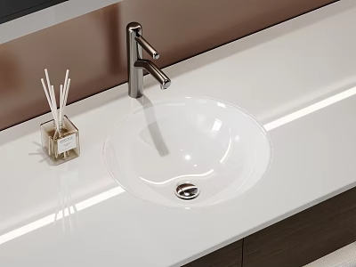 White Ceramic Washbasin With Chrome Faucet On Glossy Countertop And Aromatic Sticks 3d model