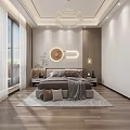 Modern Bedroom Interior With Built In Wardrobe Pendant Lights Curtains Rug And Wooden Flooring