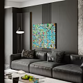 Modern Living Dining Room Interior With Black Leather Sofa Colorful Abstract Painting And Marble Wall