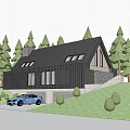 Modern Detached House with Black Roof Large Windows Stone Chimney Surrounded by Trees and Grass