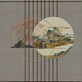 Chinese Style Wall Decor Featuring Circular Frame Red Maple Tree And Landscape Design 3d model