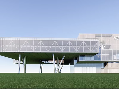 Modern Commercial Complex With Glass Curtain Wall And Cantilever Design On Green Lawn 3d model