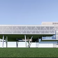 Modern Commercial Complex With Glass Curtain Wall And Cantilever Design On Green Lawn