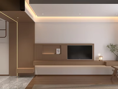 Modern Hotel Guest Room Interior With Wooden TV Wall Warm Lighting And Green Plant 3d model