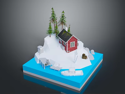 Red House With Solar Panel On Snowy Island Surrounded By Pine Trees Small Boat And Water 3d model