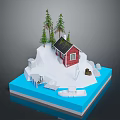 Red House With Solar Panel On Snowy Island Surrounded By Pine Trees Small Boat And Water