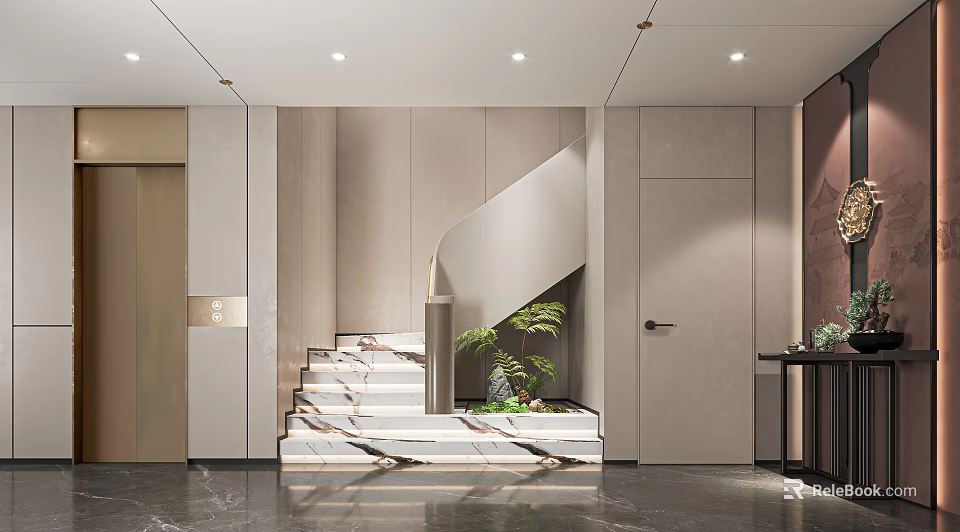 Modern Entrance Hall With Marble Staircase Light-colored Walls Sleek Floor Green Plant And Ceiling Lights 3d model 
