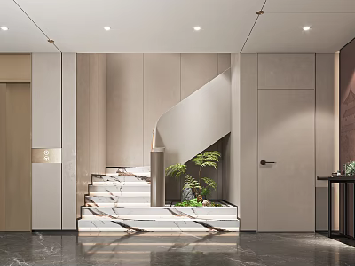 Modern Entrance Hall With Marble Staircase Light-colored Walls Sleek Floor Green Plant And Ceiling Lights 3d model