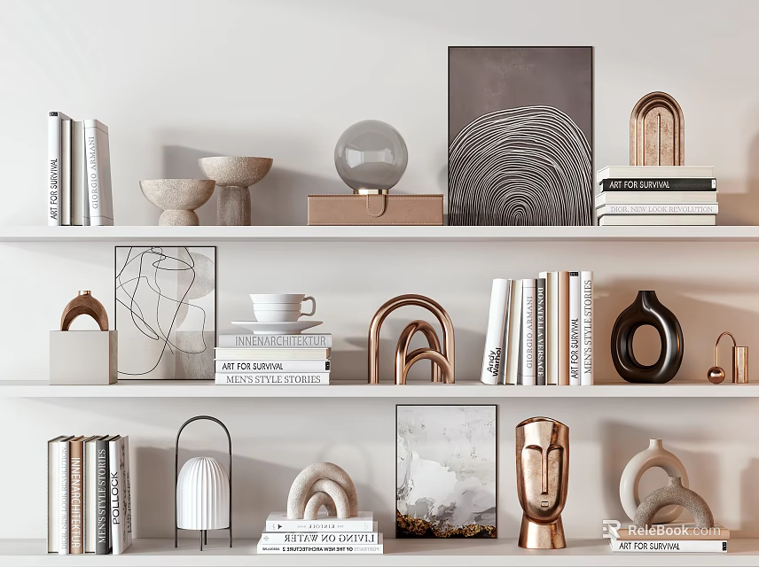 Elegant Modern Ornamental Decor Collection with Books Vases Sculptures and Frames on Display Shelves 3d model 