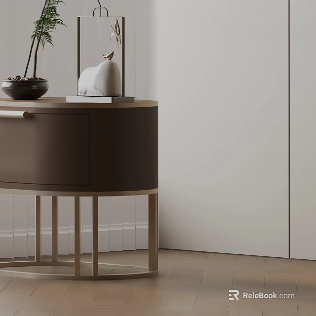 Modern Brown Side Table With Metal Legs And Decorative Sculpture Plant Pot Book 3d model 