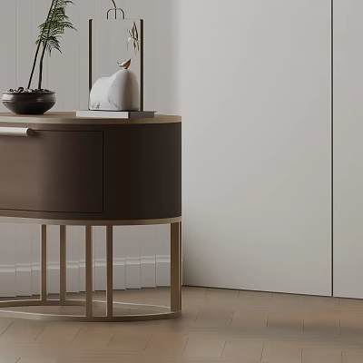 Modern Brown Side Table With Metal Legs And Decorative Sculpture Plant Pot Book 3d model