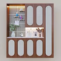 Wooden Shoe Cabinet Interior With Oval Doors Perforated Panel And Decorative Plants