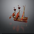 Ancient Sailing Ship Model With Red And Yellow Striped Sails And Wooden Masts