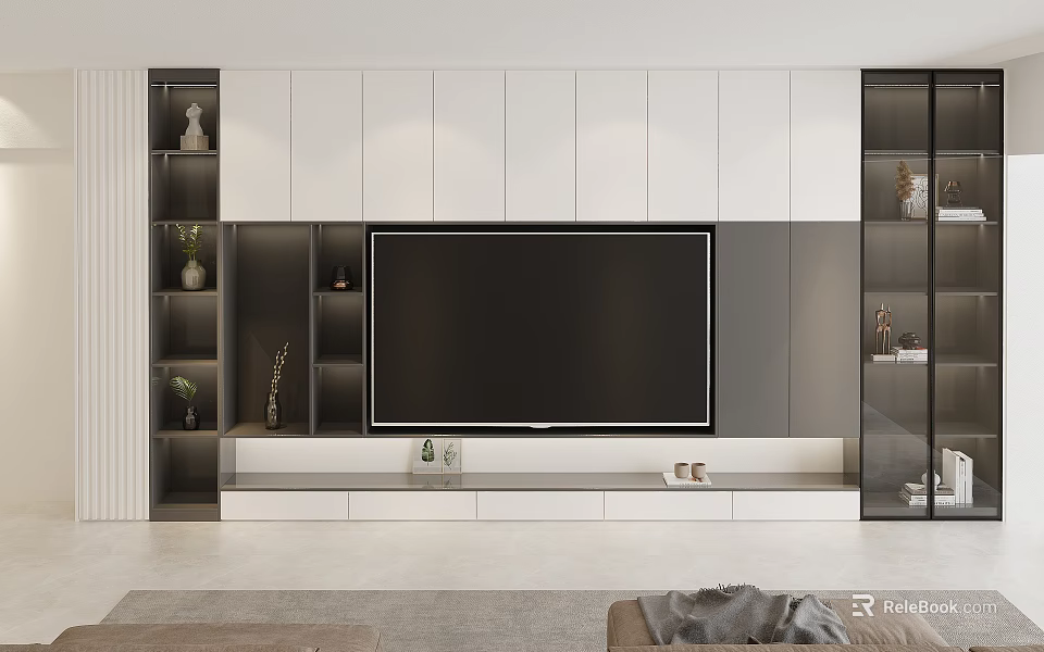 Modern TV Wall Unit Design with White Gray Cabinets Open Shelves and Decorative Plants 3d model 