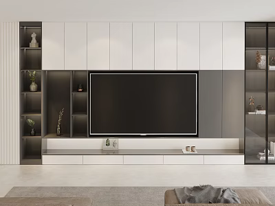 Modern TV Wall Unit Design with White Gray Cabinets Open Shelves and Decorative Plants 3d model