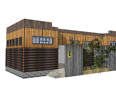 Rustic Wooden Building With Log Walls Slat Siding Stone Foundation And Entrance Steps 3d model