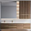 Modern Bathroom Vanity With Double Sinks Wooden Cabinets Gold Accents And Lighted Mirror
