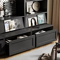 Black Modern Bookcase Interior With Books Decorative Items Photo Frames Magazines And Clock