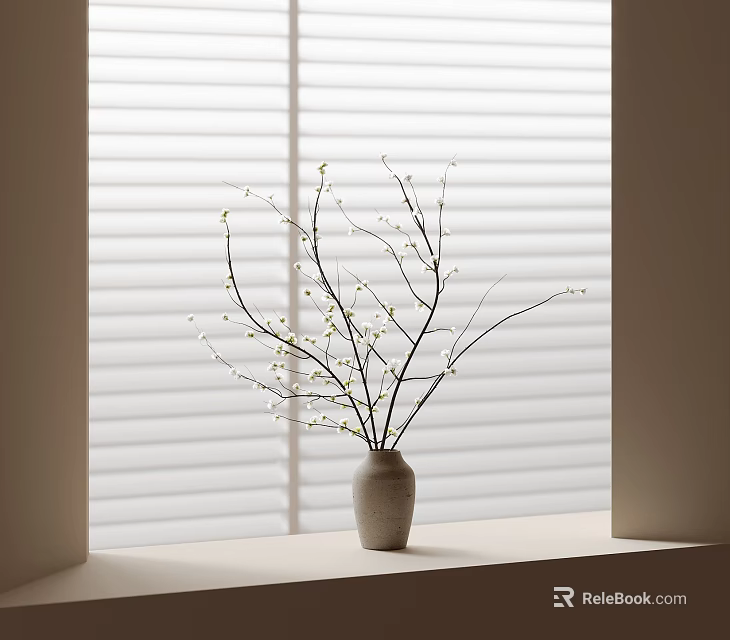 Minimalist Ceramic Vase With White Small Flowers And Branches On Window Sill By Window Blinds 3d model 