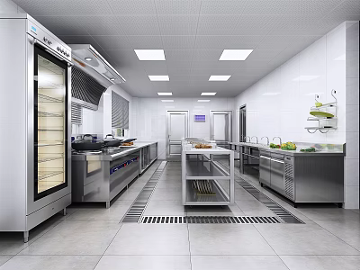 Professional Commercial Kitchen Interior With Stainless Steel Appliances Worktables And Refrigeration Units 3d model