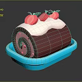 Delicious Dark Red Cake Roll With White Cream And Fresh Strawberries On Blue Plate