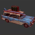 Vintage Blue Station Wagon with Surfboard and Green Suitcase on Roof