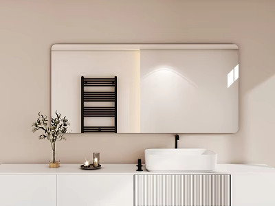 White Bathroom Vanity with Large Mirror Black Towel Rack and Vase Plants Candles on Countertop 3d model
