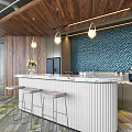 Modern Office Front Desk Reception With Wooden Ceiling Blue Mosaic Backdrop And White Curved Counter