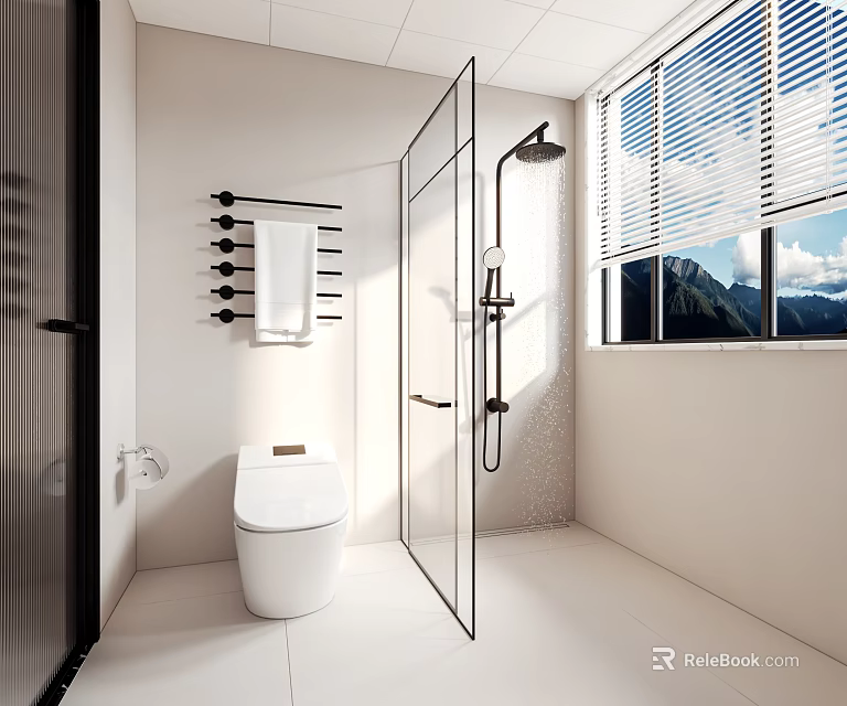 Modern Bathroom Interior with Glass Shower White Toilet Towel Rack Window Blinds and Mountain View 3d model 