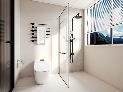 Modern Bathroom Interior with Glass Shower White Toilet Towel Rack Window Blinds and Mountain View 3d model