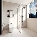 Modern Bathroom Interior with Glass Shower White Toilet Towel Rack Window Blinds and Mountain View