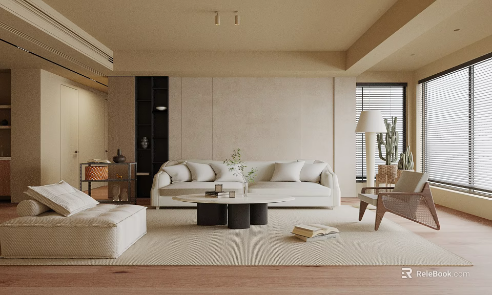 Modern Neutral Living Room Interior Featuring Light Sofa Armchair Coffee Table And Area Rug 3d model 