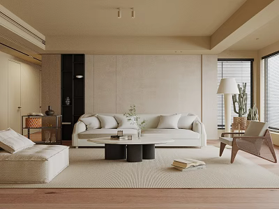 Modern Neutral Living Room Interior Featuring Light Sofa Armchair Coffee Table And Area Rug 3d model