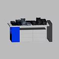 Modern Display Shelf With Blue Column White Drawers And Stacked Black Items