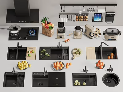 Modern Kitchen Sinks With Different Designs Faucet Fresh Fruits And Appliances 3d model
